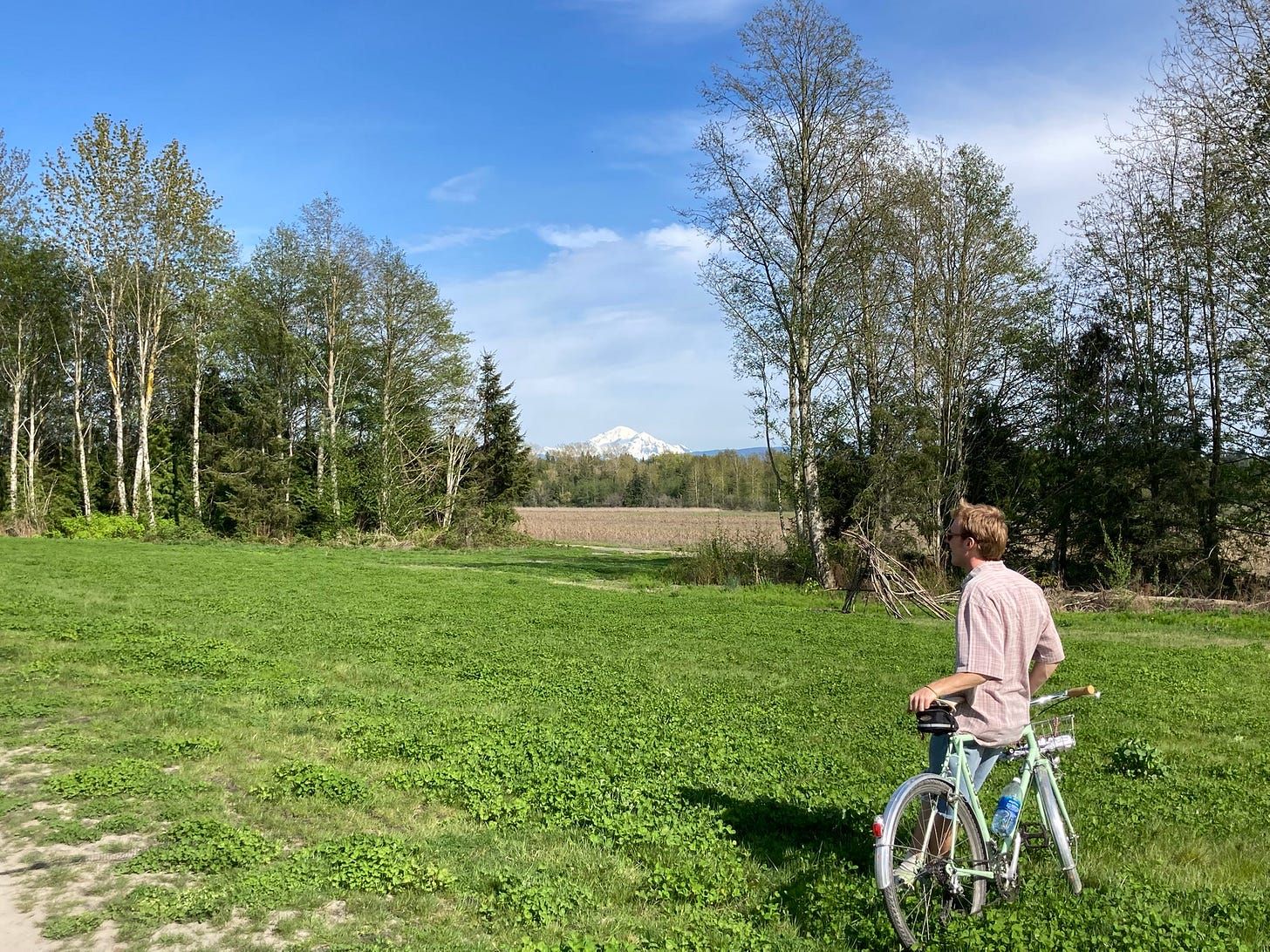 A man stands astride a pale green bike at the edge of a mown field, looking off toward a snow-covered peak on the horizon. Bare alder and cottonwood along both sides, a brown field beyond, blue sky.