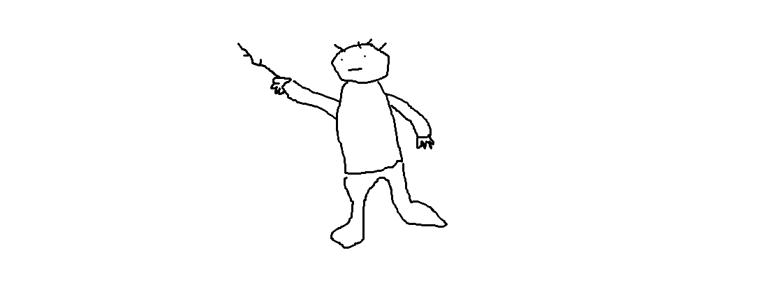 A line drawing of a boy on a white ground, in a single wobbly black line. A few spikes of hair, dots for eyes, a short straight mouth. He holds a forked stick out at arm&rsquo;s length in one hand; the other arm hangs at his side with the fingers splayed. He is barefoot, mid-stride.