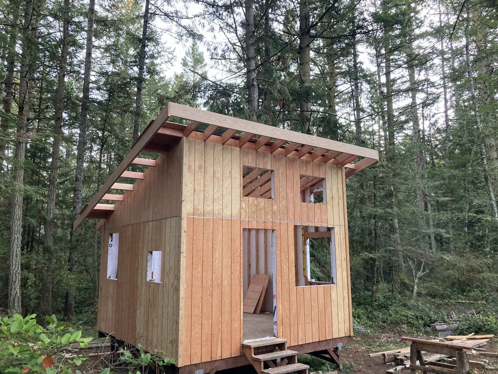 The shell seen from the low side, siding on and the roof deck built out over exposed rafter tails. The doorway stands open with a scrap of siding leaning inside. Sawhorses and offcuts on the ground.