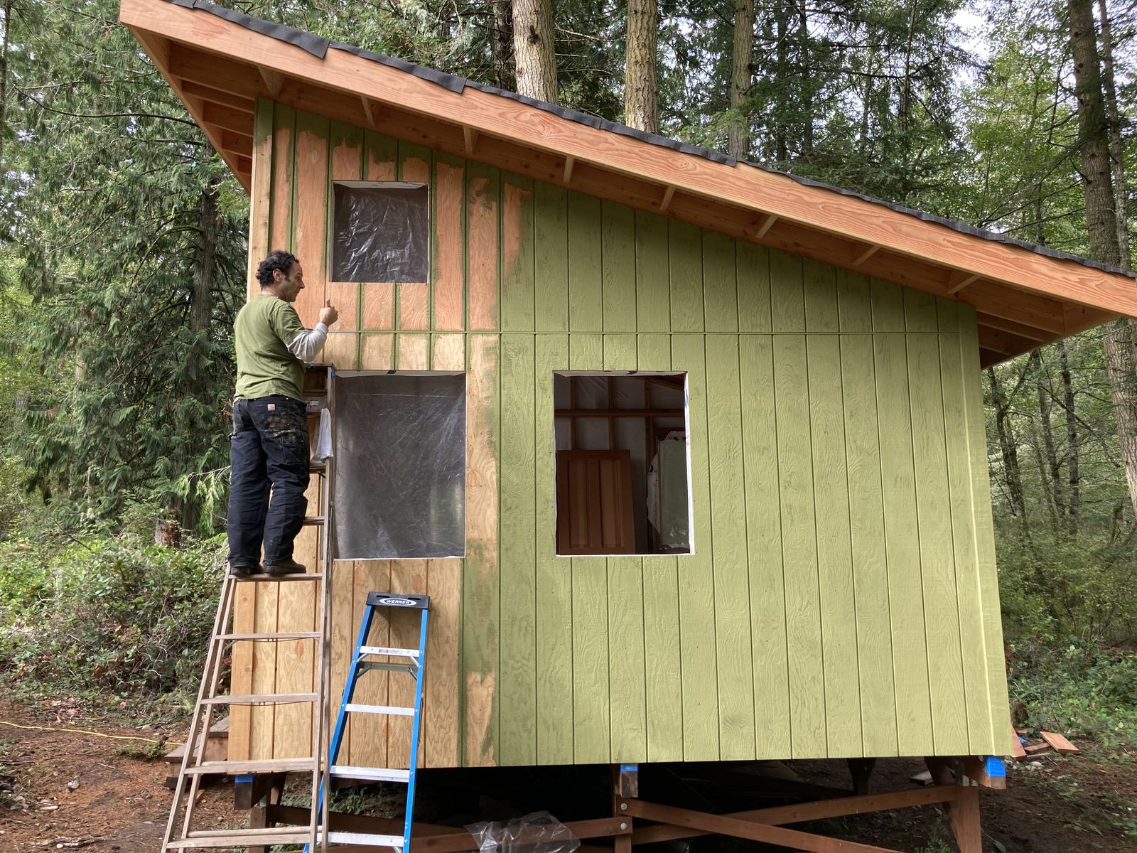 A man on a wooden ladder cutting in the first coat of pale green paint by hand along the top of the wall, roofing membrane laid along the eave above him. Most of the wall is painted; the last strip is still raw plywood.