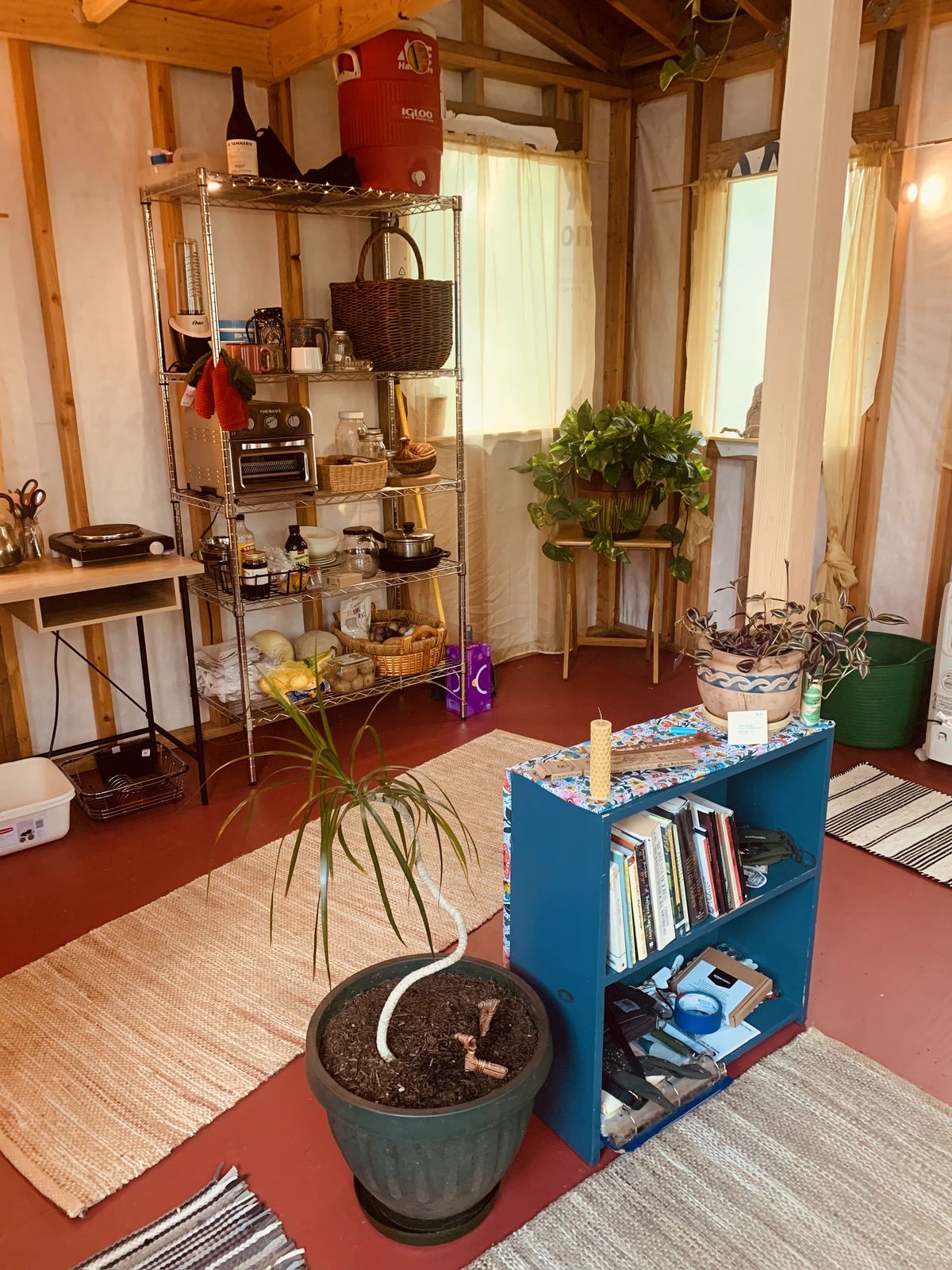 The other side of the room. A wire shelving unit holds a toaster oven, jars, a basket of onions and a water cooler; a hot plate stands on a small table; a blue bookcase carries books and a beeswax candle. Potted plants and woven rugs on the red floor.