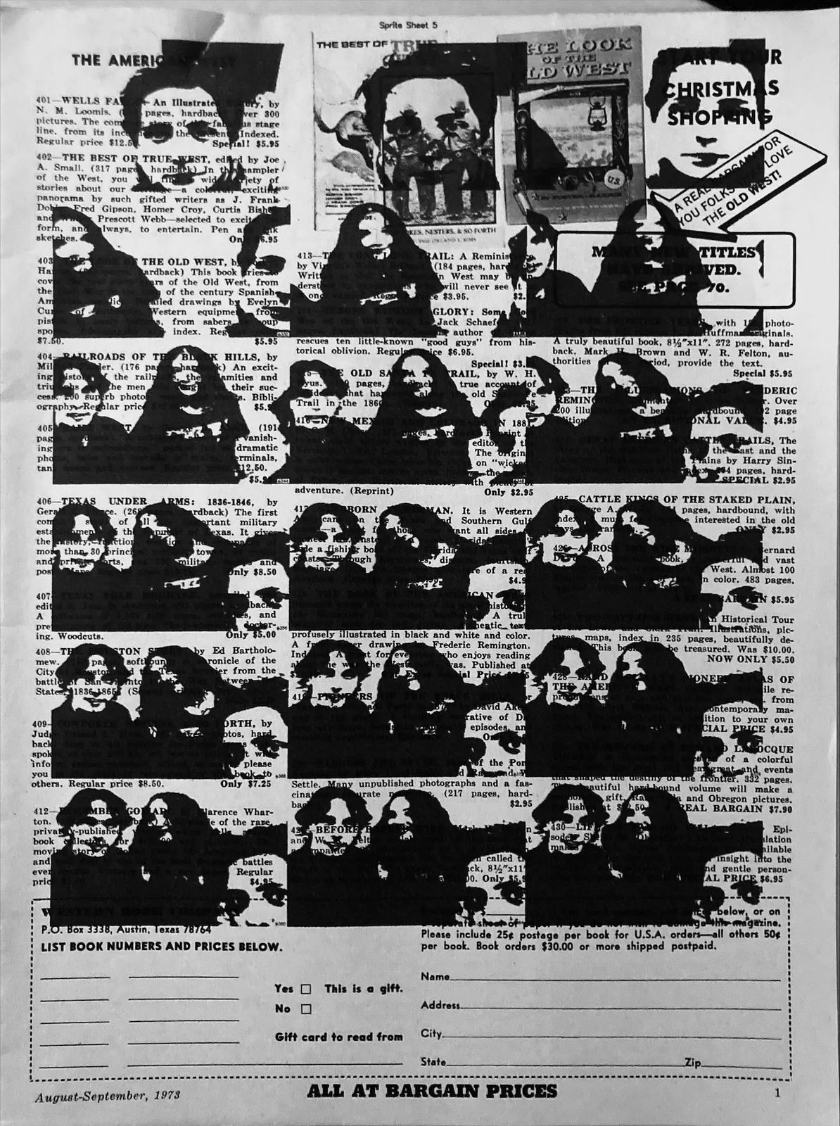 Sprite Sheet 5 printed onto a page of a 1973 Western book catalogue. The thresholded frames of the two figures in the bathtub sit in their grid over columns of book listings and prices, headings for THE AMERICAN WEST and START YOUR CHRISTMAS SHOPPING showing through the white of the frames. A mail order form runs along the bottom under ALL AT BARGAIN PRICES.