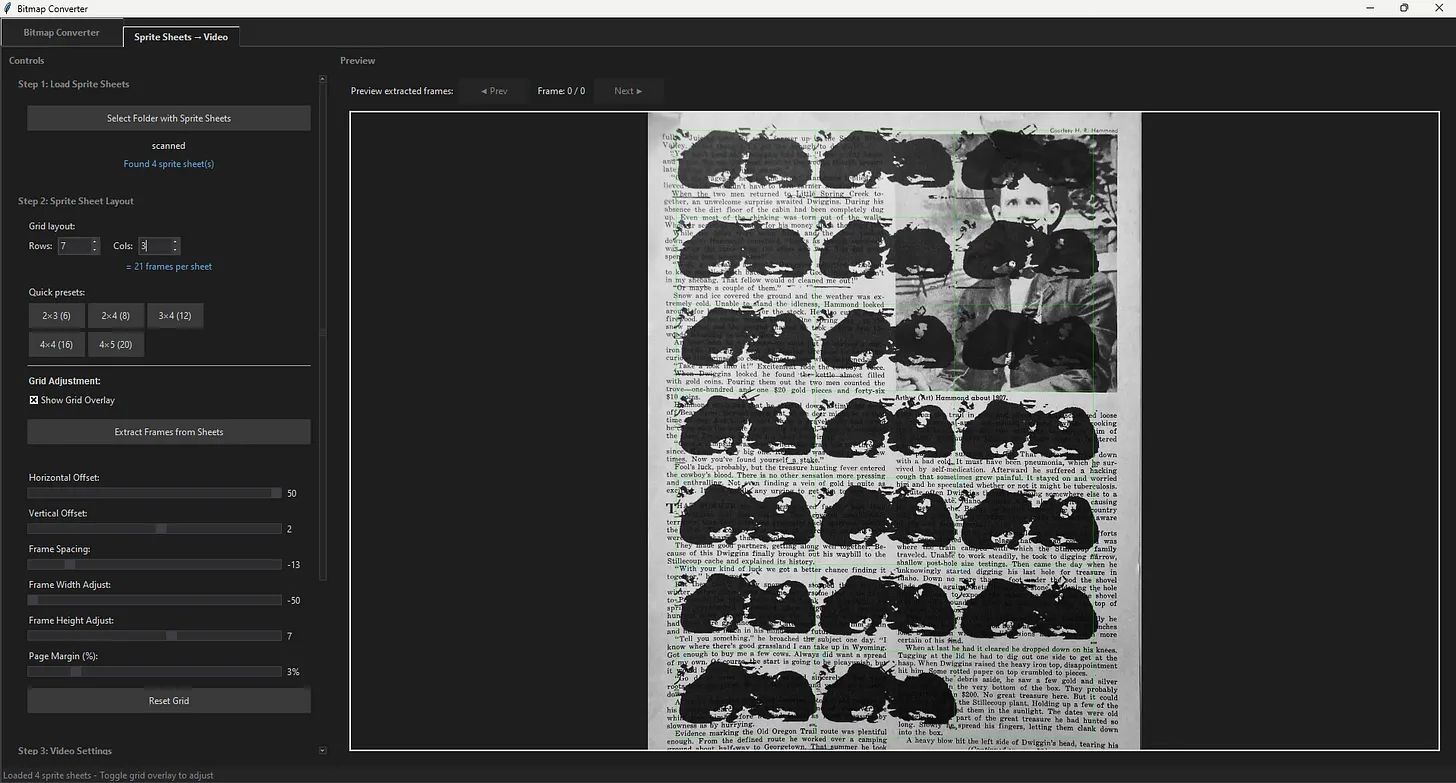 The software's second tab, Sprite Sheets to Video. The controls read Found 4 sprite sheets, a grid layout of 7 rows by 3 columns making 21 frames per sheet, and sliders for horizontal and vertical offset, frame spacing, frame width and height, and page margin. The preview shows a scanned printed sheet — the thresholded frames over a page of Old West magazine text and a portrait photograph — with the alignment grid laid over it.