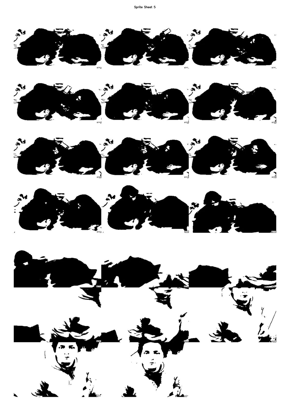 Sprite Sheet 5: a printable page of eighteen thresholded frames in a three-column grid, each numbered in the corner. The early rows are near-solid black shapes; in the last rows the camera swings and a face resolves out of the black.