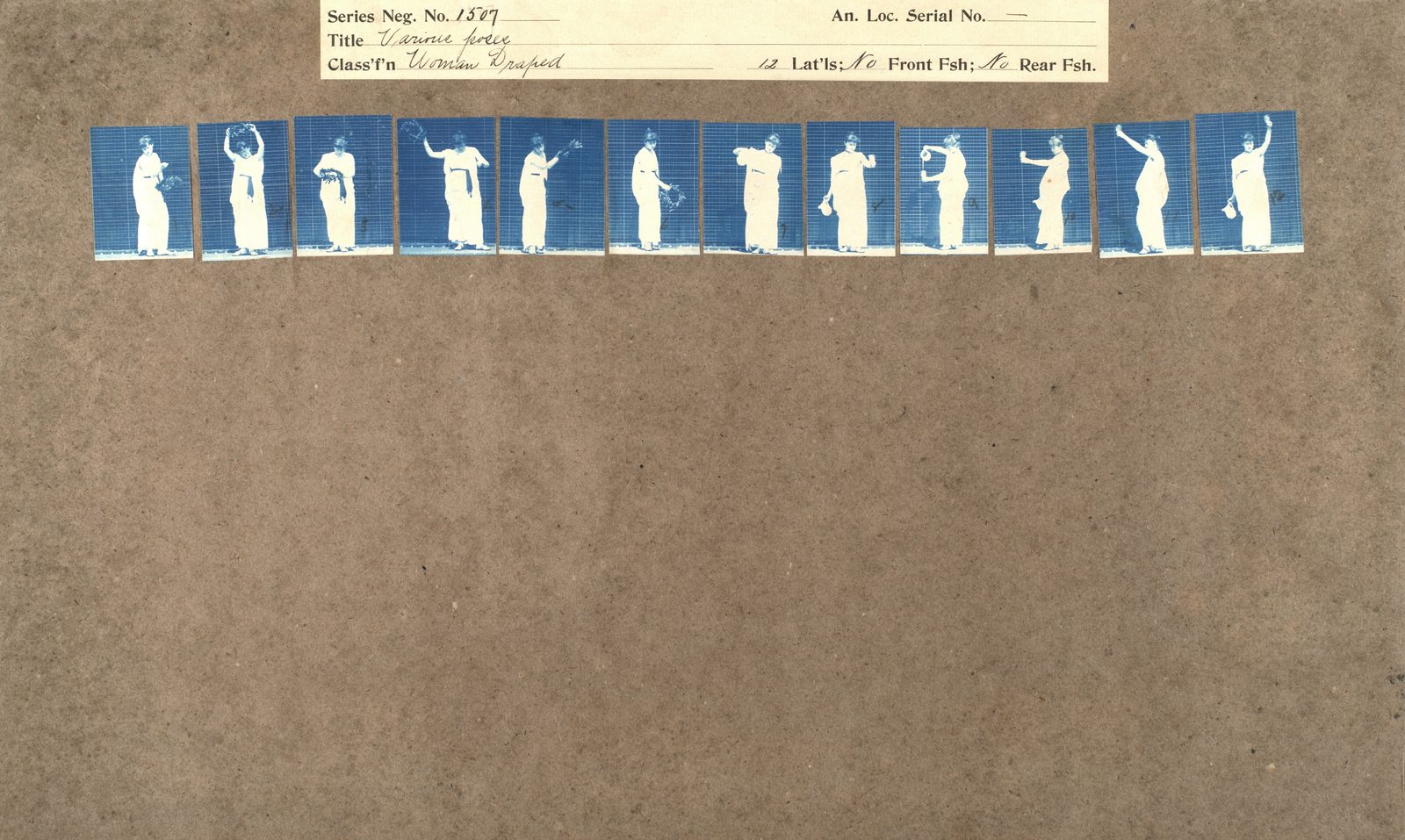 A Muybridge proof sheet on brown board: a single row of twelve small cyanotype frames, each showing a draped woman standing against a gridded backdrop, turning, raising a hand and lifting a bunch of flowers. The handwritten label reads Series Neg. No. 1507, Various poses, Woman Draped. Most of the board below the strip is bare.