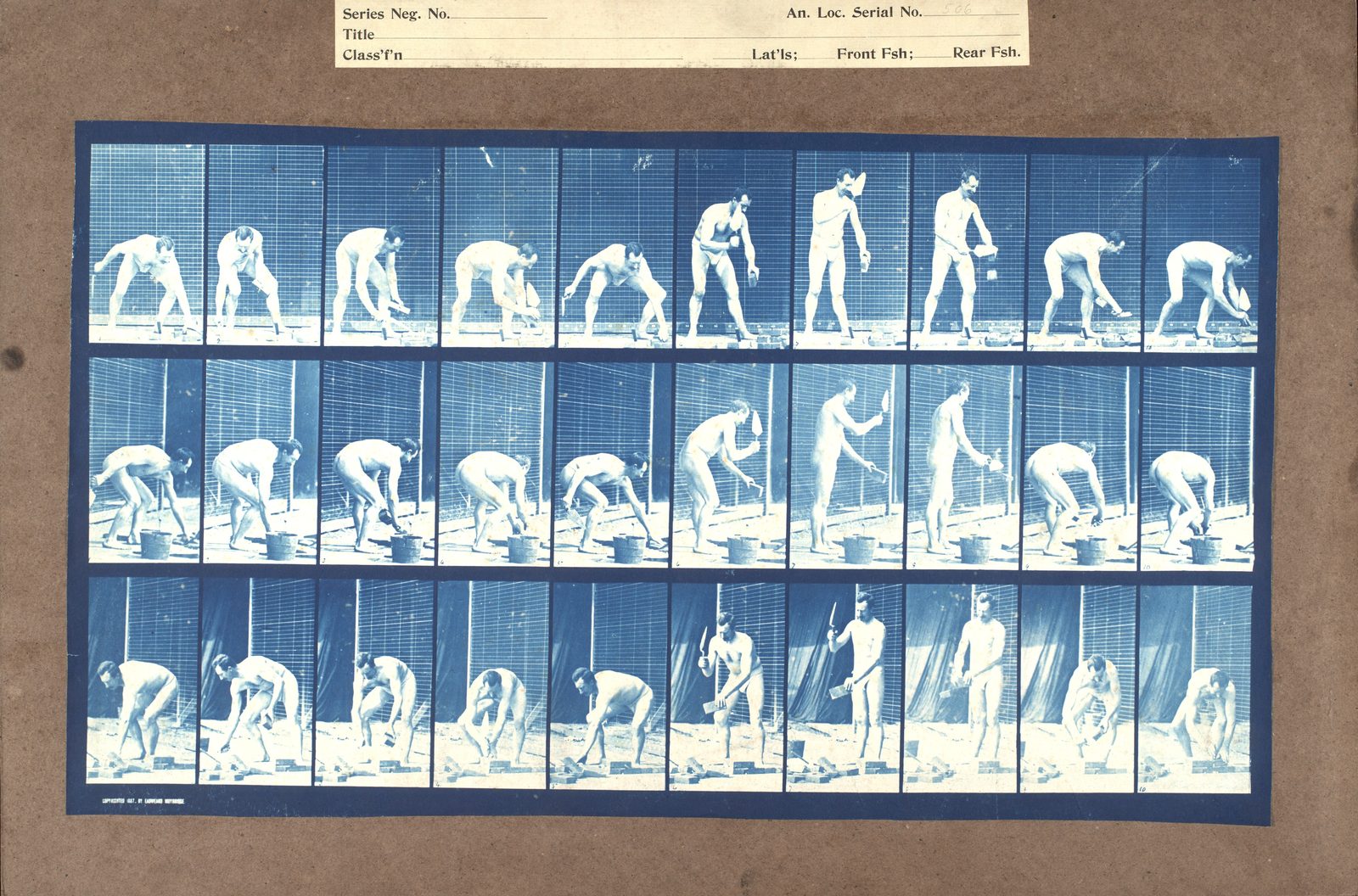 A Muybridge proof sheet on brown board: thirty cyanotype frames in three rows, a nude bricklayer bending to set bricks, lifting a trowel and a pail, working against a gridded backdrop with a dark curtain behind the lowest row. The printed label at the top is blank apart from a serial number, and small print along the bottom edge carries Muybridge's 1887 copyright.