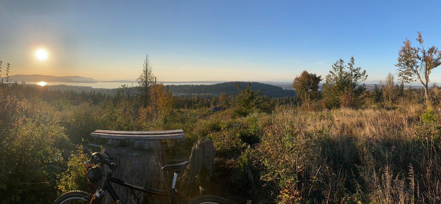A logged hilltop above a bay at sunrise, panoramic. The sun sits low and white over distant water and islands, second-growth firs and turning brush across the slope, and in the foreground a bench built onto a cut stump with a bike leaning against it.