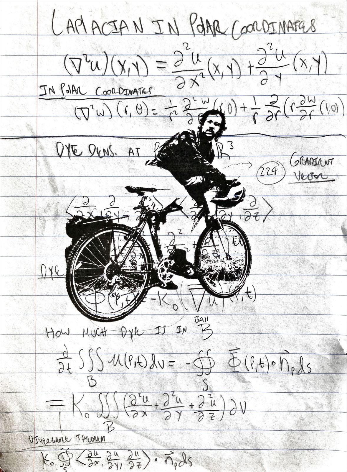 A lined notebook page of handwritten vector calculus, headed LAPLACIAN IN POLAR COORDINATES, with the Laplacian written out in x and y and again in r and theta, and notes on dye density and the divergence theorem below. Printed across the middle in heavy black, a photograph of a man riding a loaded touring bike, reduced to flat black and white so the handwriting reads straight through the spokes.