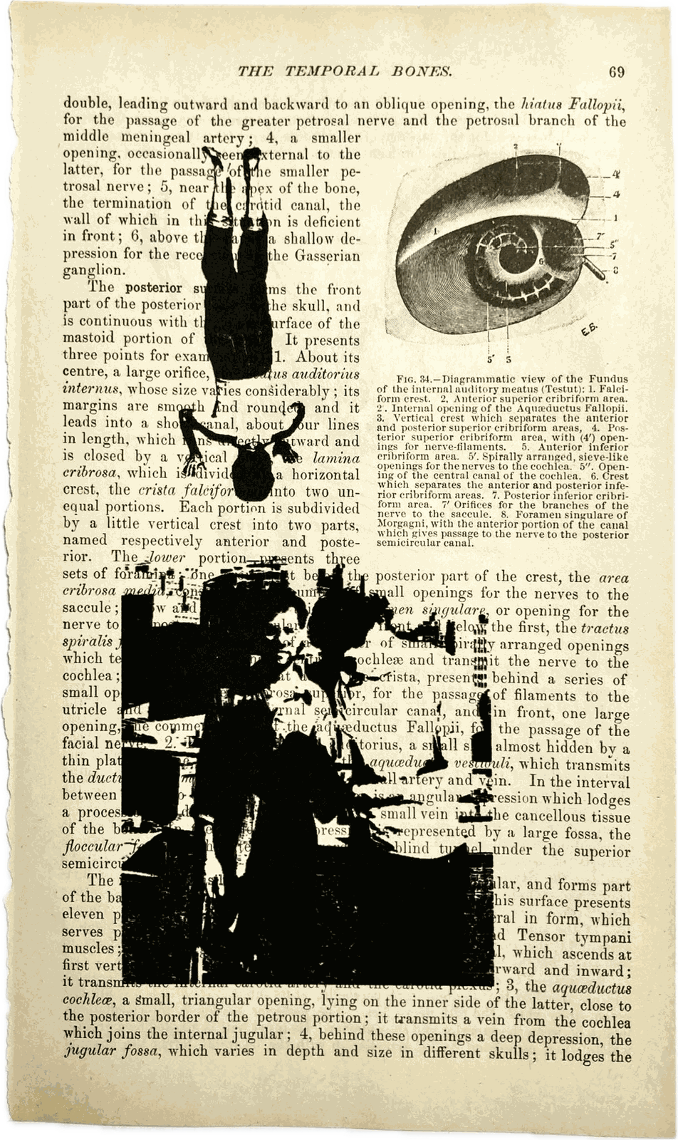 A page from the same textbook, THE TEMPORAL BONES, page 69, with a diagram of the inner ear at the top right. Two more photographs are printed over the type: a small figure upside down with its arms out, near the top, and across the lower half a scene so far into black that only a seated figure and the edges of furniture come back out of it.