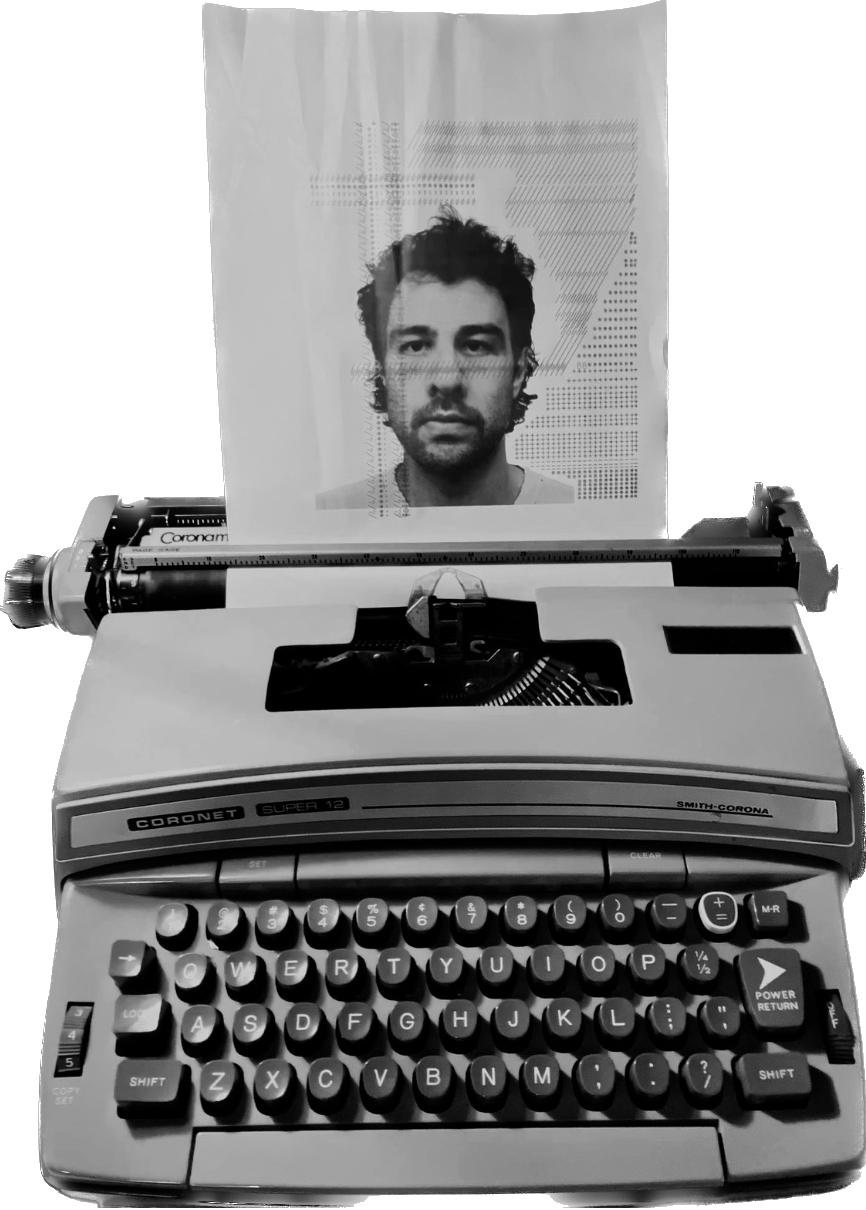 A Smith-Corona Coronet Super 12 typewriter, photographed head on in black and white. A sheet in the platen carries a portrait of a man with dark curly hair looking straight out, struck into the paper in overlapping type.